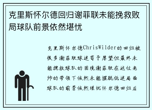 克里斯怀尔德回归谢菲联未能挽救败局球队前景依然堪忧